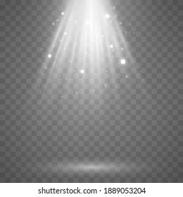 Beams of light on a transparent background. Rays with flying dust and glowing particles. Soft white sunbeams with glare. Podium light. Bright flash. Vector illustration. EPS 10