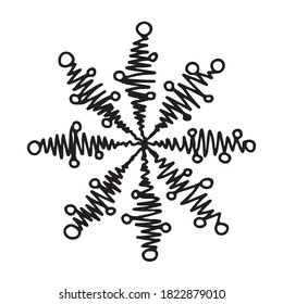 Die Balken dieser Schneeflocke sind in einem Zickzackmuster gezeichnet, mit einer Ausdehnung des Musters in der Mitte des Strahls.  Auch mit kleinen verstreuten Kugeln dekoriert.  Vektorgrafik.