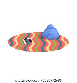 Bean bag chair on multicolored rug, soft pouf upholstery chair and headphones on carpet, comfortable seat furniture for work and relax. Beanbag stuffed with blue fabric placed on floor home interior