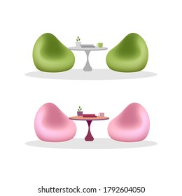 Bean bag chair and tables flat color vector objects set. Memory foam chair. Coffee table. Lounge furnishing isolated cartoon illustration for web graphic design and animation collection