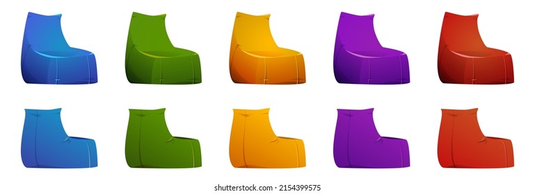 Bean bag chairs, soft furniture for sitting in front and back view. Vector cartoon set of red, yellow, blue, purple and green lazy bags, cozy comfortable armchairs