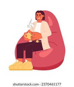 Bean bag woman holding coffee cup 2D cartoon character. Middle eastern girl sitting on beanbag chair isolated vector person white background. Drinking tea break color flat spot illustration