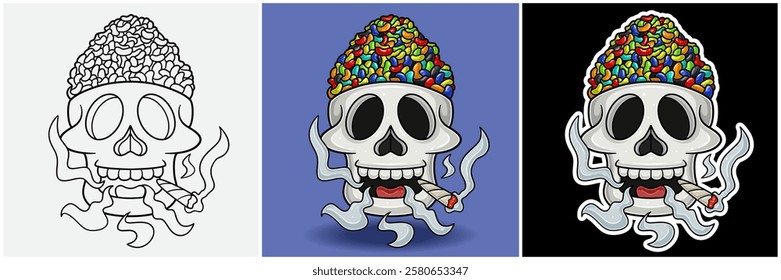 Bean Candy Inside Skull Head With Smoking Character Cartoon. Black White, Colorful and Sticker Style. For T shirt print, Brand Logo, Label and Mascot product. Vectors Illustrations