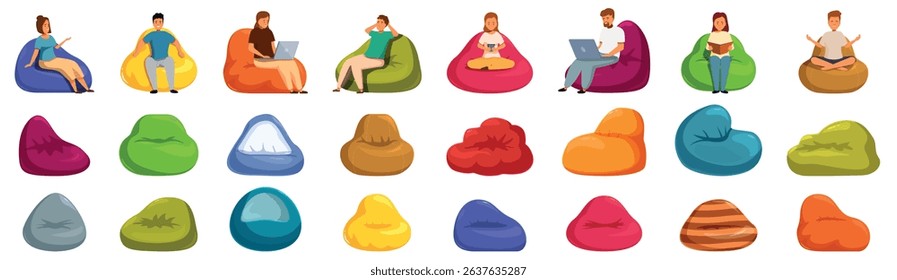 Bean chair icons set. People using bean bag chairs for leisure and work, showcasing diverse colors, shapes, and comfortable postures