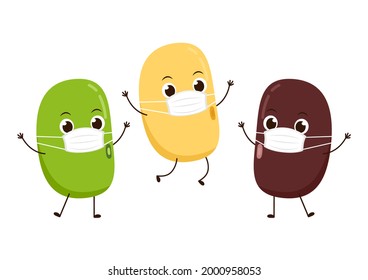 Bean character design. Kidney bean, Soybean and Mung Bean character design. Bean cartoon wearing a mask.