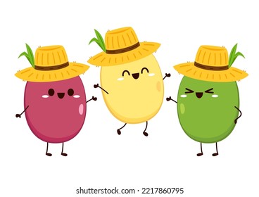 Bean Character Design. Kidney Bean, Soybean And Mung Bean Character Design. Bean Cartoon In Farmer Hat.