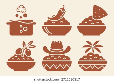 Ícones de mergulho do bean que representam variedades regionais como os estilos mexicano do sudoeste do Mediterrâneo e do Caribe
