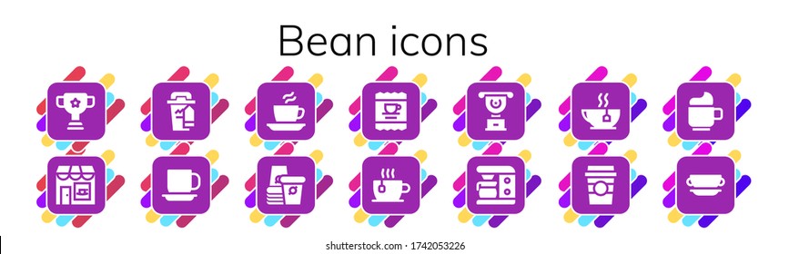 bean icon set. 14 filled bean icons. Included Cup, Coffee shop, Coffee cup, Coffee, Paper cup, maker, Tea icons