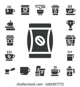 conjunto de iconos de judías. 17 iconos rellenos de frijol. Taza incluida, café, taza de café, bolso de café, té, taza de papel, iconos de prensa franceses