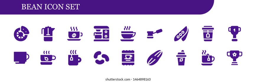 bean icon set. 18 filled bean icons.  Collection Of - Break, French press, Cup, Coffee maker, Coffee, Pea, Tea, Jelly beans, Seed