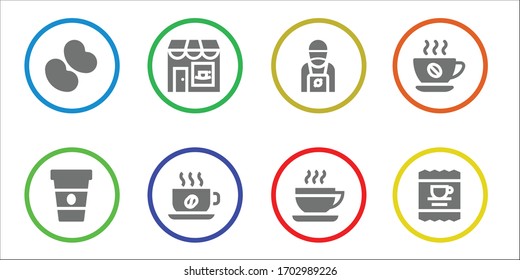 bean icon set. 8 filled bean icons. Included Jelly beans, Coffee, Coffee shop, Cup, Barista icons