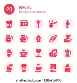 bean icon set. Collection of 20 filled bean icons included Coffee, Leek, Cezve, Latte, Peas, Irish coffee, Cup, Coffee beans, maker, Tea, Beans