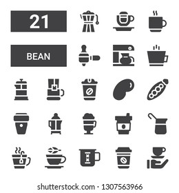 bean icon set. Collection of 21 filled bean icons included Coffee, Cup, Tea, Irish coffee, Coffee cup, Peas, Jelly beans, Tea cup, French press, maker