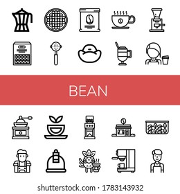 bean icon set. Collection of Coffee maker, Beans, Portafilter, Coffee bag, Bean bag, Coffee cup, Latte, grinder, Barista, Herbal tea, Cupping, shop icons