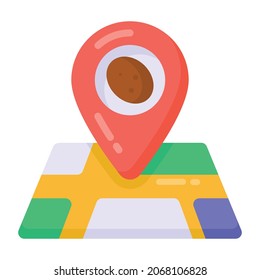 Bean inside gps pin denoting flat icon of cafe location 