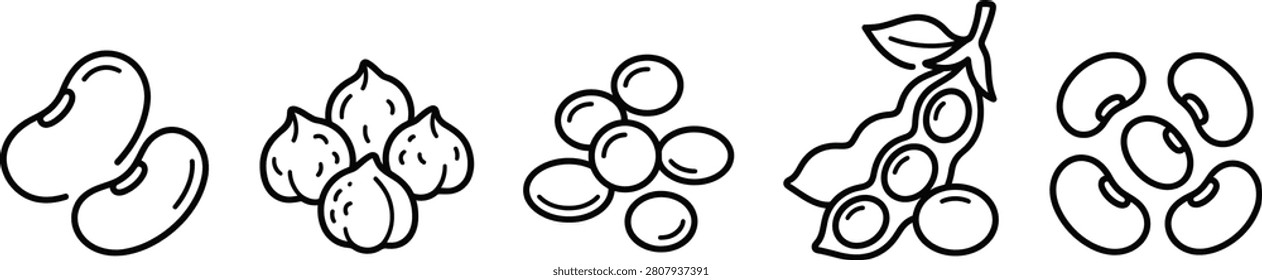 Bean and legume line art icon set kidney chickpea lentil soybean black bean vector