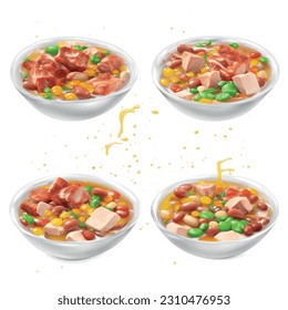Bean with meat cubes and chicken broth realistic 3d vector graphic isolated white background
