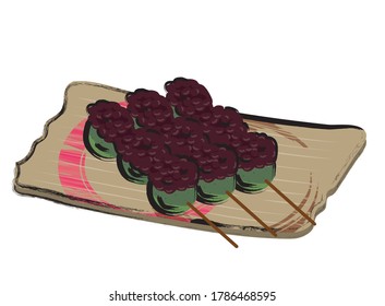 Bean paste dumpling illustration, Japanese food, brush drawing on a plate with hand-painted touch