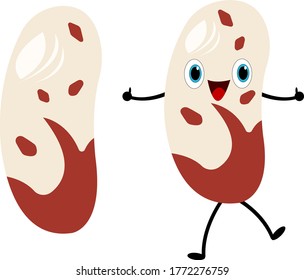Bean peppy cartoon character with blue shiny eyes is dancing and holding a thumbs up as a gesture of approval for the concept of an agricultural object on a white background