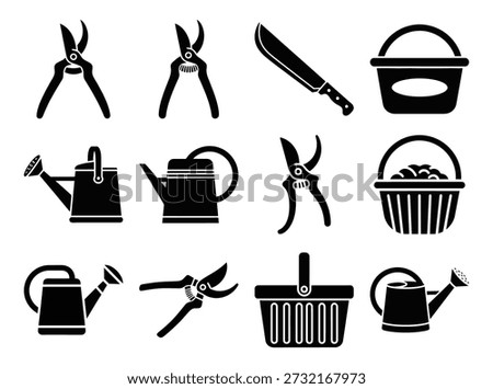 Bean Pod Tools Icons. Solid, filled icon set of bean pod tools machete, pruning shears, harvesting basket, watering can
