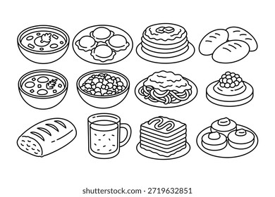 salada de feijão, dim sum, panqueca com manteiga, pães, sopa de legumes, caril de massa, waffle com bagas, pão de pão, chocolate de gelo, lasanha, rosquinha com contorno de creme design de elemento ícone definido para restaurante