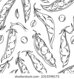 bean seamless pattern in line art style with whole and burst pea pods on white