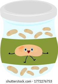 bean smiling cartoon character drawn on a label on a jar with preservation object on a white background concept of food and snacks