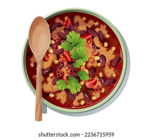 Bean soup with meat, tomatoes and peppers on a white background. Traditional Mexican food.Delicious and appetizing dish.