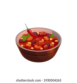 Bean soup mexican cuisine food isolated bowl with tomato sauce, chili pepper and vegetables. Vector traditional vegetarian dish, realistic hot first course, spicy soup with meat and vegetables svg
