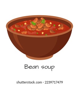 Bean soup, mexican traditional food. Hearty spicy chili soup. Vector illustration.