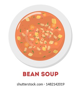Bean soup in a white plate. Tasty meal in a bowl, delicious dinner and lunch. Restaurant healthy nutrition. Isolated vector illustration in cartoon style