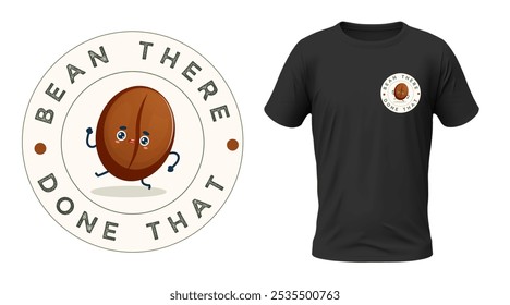 Bean There, Done That Coffee T-shirt Design featuring a coffee bean with a worried expression, accompanied by the witty phrase. This playful vector illustration is perfect for coffee lovers