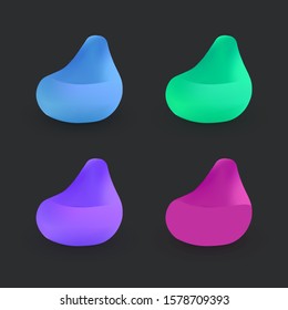 Beanbag chair colorful icon set isolated on dark background. Modern soft fluffy Bean bag chair comfortable and flexible seat home puff furniture for lounge and relax