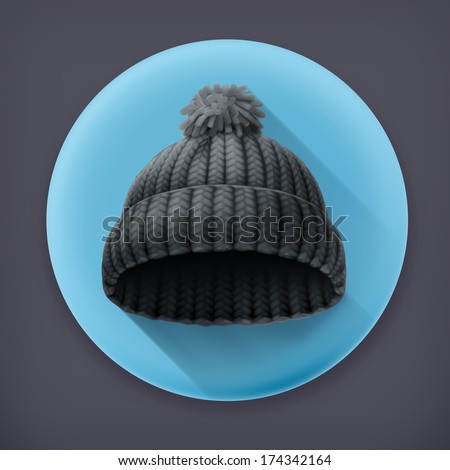 Beanie black cap, long shadow vector icon