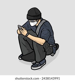 beanie boy or man or guy with shirt long pants laying on skateboard with check his smartphone handphone on grey Background vector modern illustration