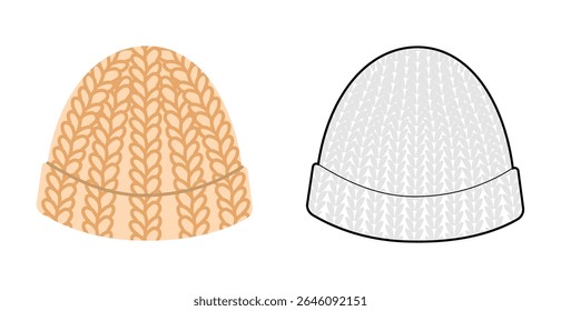 Chapéu de Crochê Beanie. Cabeça de inverno de malha Moda acessórios cap vestuário ilustração técnica. Capacete vetor para homens, mulheres, estilo unisex, modelo plano CAD mockup esboço esboço isolado