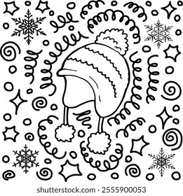 Beanie flat and outline illustration with doodle drawing and snowflakes. Snow winter hat logo with line art. Clothes for cold winter season. Warm fashion accessory vector silhouette drawing detail.