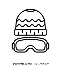 Beanie and goggles icon for winter ski in black outline style