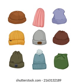 Beanie Hat Cap, Mockup Knit, Winter Clothes, Wool Fashion, Cold Style Cartoon Icons Set Vector Illustrations