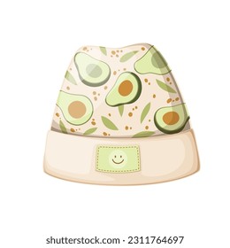 Beanie hat for child vector illustration. Cartoon isolated wool cap for baby kid with green avocado and leaf pattern, smile emoticon sign on front, warm beanie for walks of children in cold weather