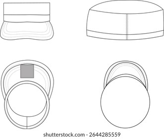 Ilustração frontal e traseira do chapéu de gorro, Design de tampa de malha simples com visualização detalhada