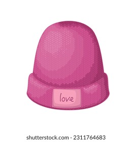 Beanie hat for girl vector illustration. Cartoon isolated bright pink wool street cap for hipsters fashion outfit of teenage or young woman, woolen model of head accessory, beanie with love sign