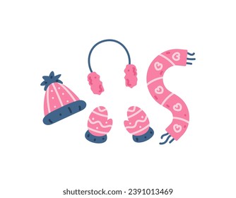 beanie hat, gloves, scarf and winter earmuffs. clothes, outfits, accessories. collection or set of winter or Christmas elements. cartoon and flat illustration design. Vector