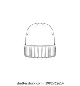 beanie hat outline drawing vector, beanie hat in a sketch style,beanie hat trainers template outline, vector Illustration.