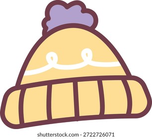 Mütze mit Pom und gerippter Manschette, umrissen und gewagt, gemütliches Strickdetail. Symbol für Wärme, Winterkomfort, Kälteausrüstung und Hygge-Stimmung. Cartoon, Vektorgrafik.