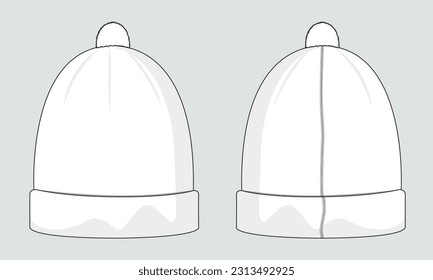 Beanie hat technical drawing fashion flat sketch vector illustration template front and back views