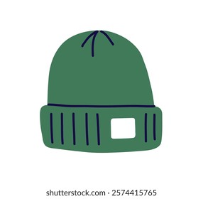 Beanie hat, warm knitted winter accessory. Cuffed ribbed headwear, cozy stylish head wear in modern casual style, clothing for cold weather. Flat vector illustration isolated on white background