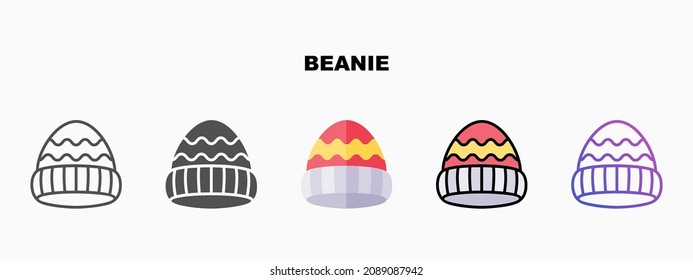 Beanie icon set with different styles outline, solid or glyph, flat, and filled line colored. Can be used for web, mobile, ui and more.