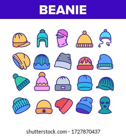 Beanie Seasonal Hat Collection Icons Set Vector. Beanie Cap And Head Facial Mask Season Clothing Accessory For Cold Weather Concept Linear Pictograms. Color Illustrations