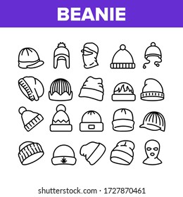 Beanie Seasonal Hat Collection Icons Set Vector. Beanie Cap And Head Facial Mask Season Clothing Accessory For Cold Weather Concept Linear Pictograms. Monochrome Contour Illustrations